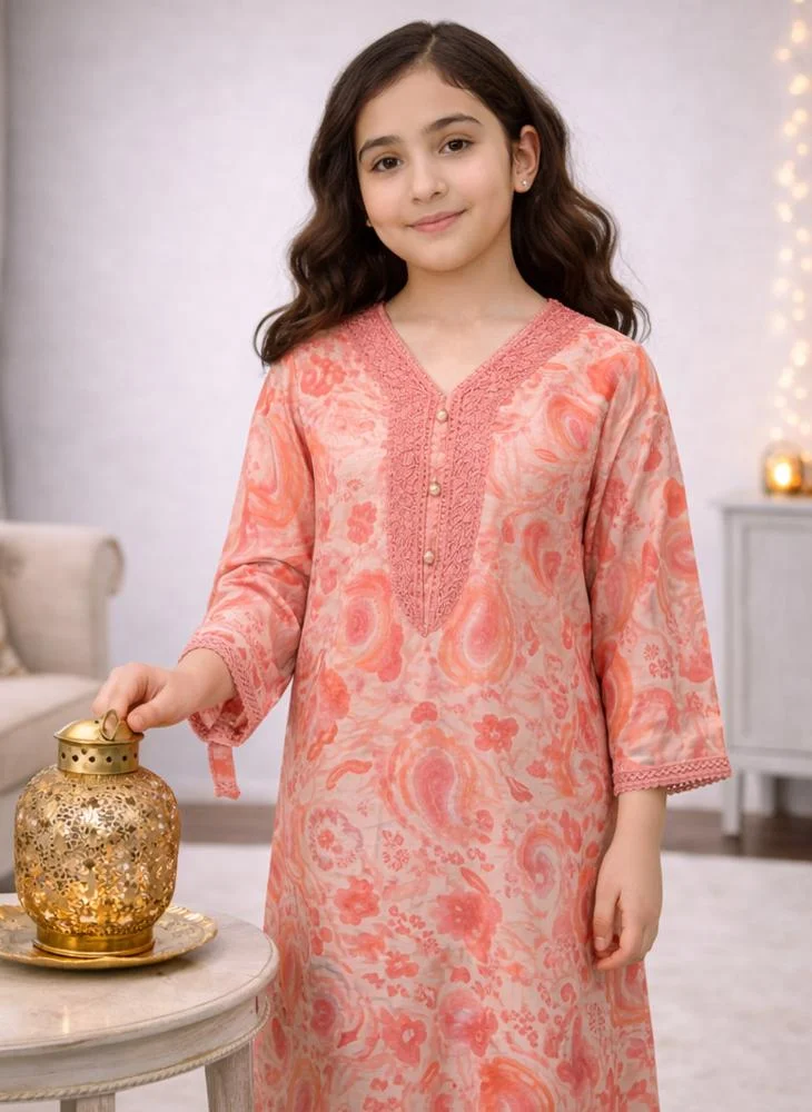 Artemea Girls Pink Digital printed Jalabiya with Embroidered V-Neck – Modest Ankle Length Dress
